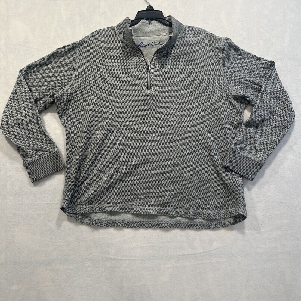 Robert Graham Sweater Mens XL Extra‎ Large Gray Herringbone 1/4 Zip High Neck